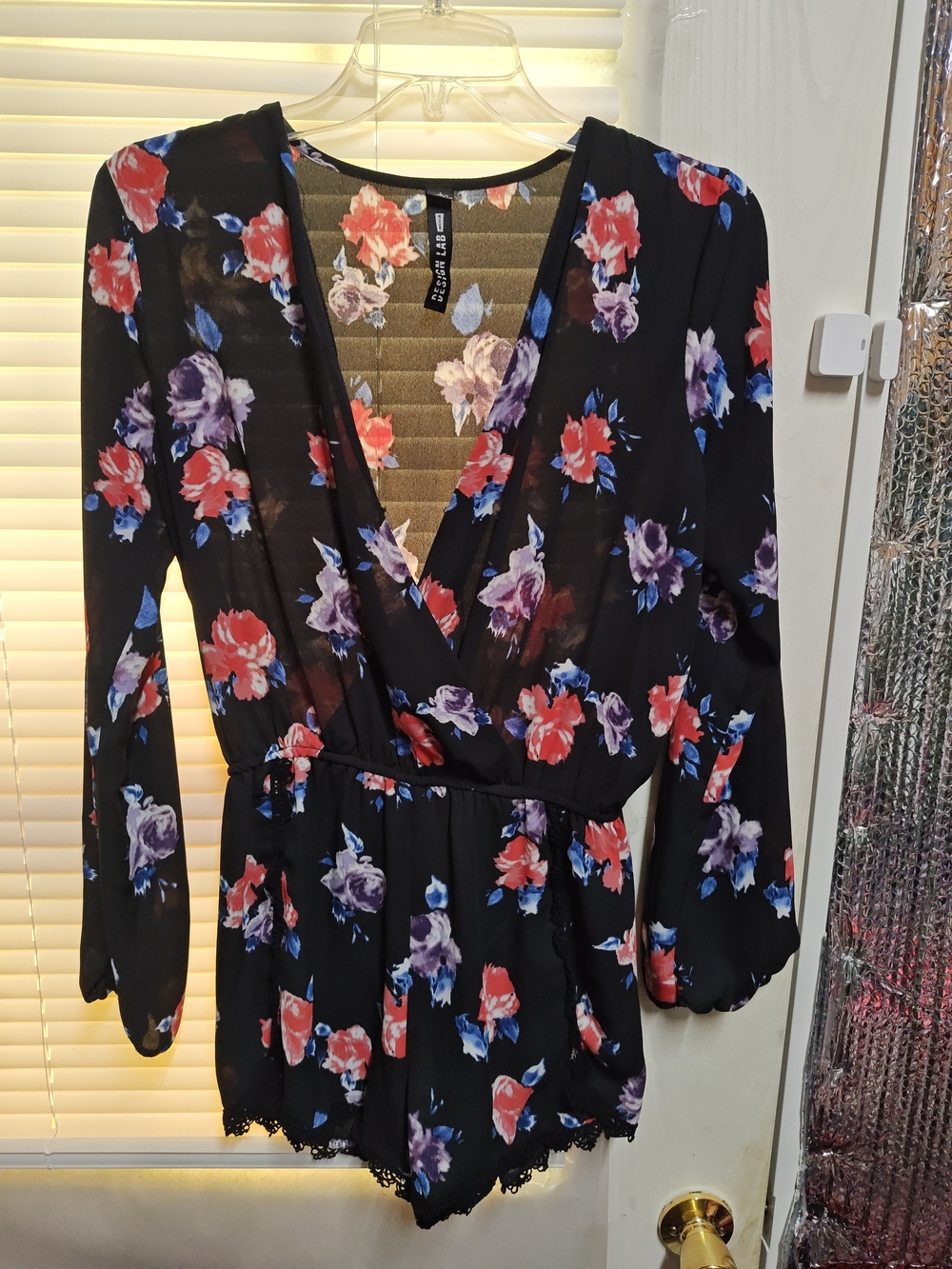 Design Lab Lord & Taylor Black Floral Romper with Red & Purple Flowers